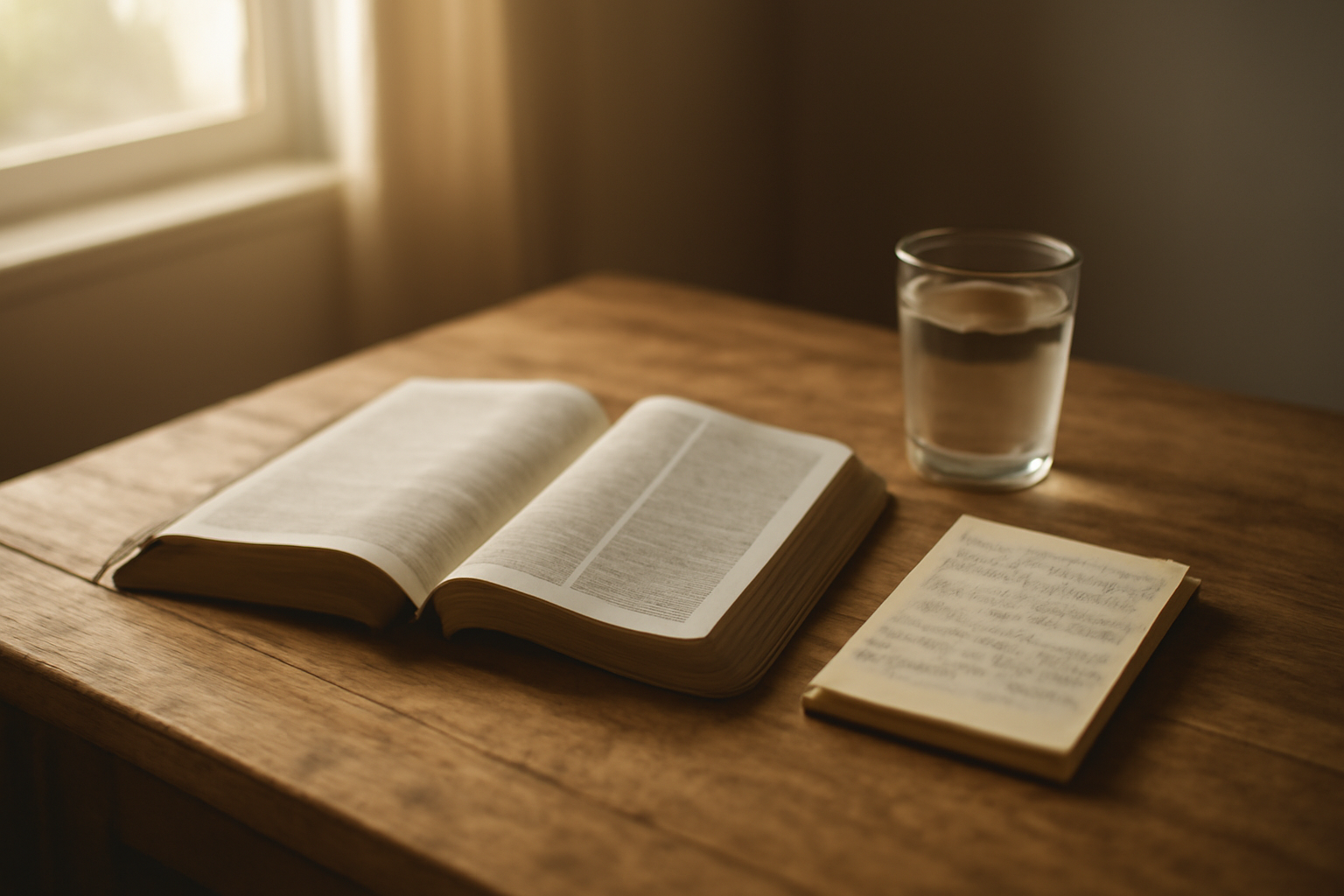 Alkitab terbuka di atas meja kayu dengan buku catatan dan cahaya pagi, suasana tenang untuk lectio divina